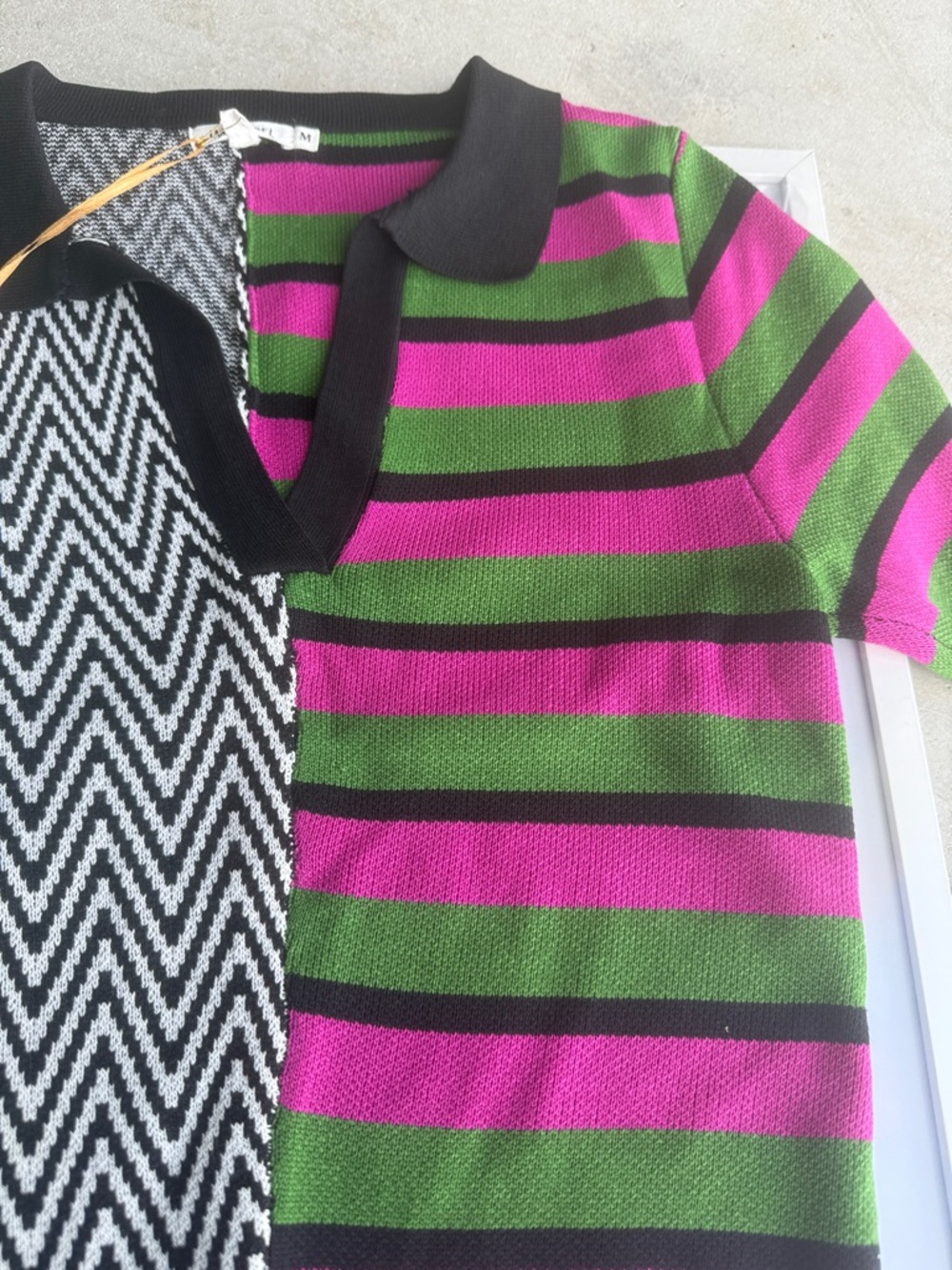 Graphic Half-&-Half Knit Top in Black, White, Green & Pink - Picture 2 of 7